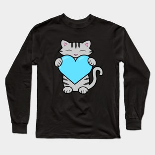 Grey cat holding a blue heart Long Sleeve T-Shirt